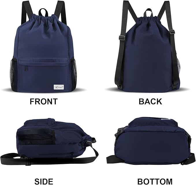 Drawstring Backpack with Mesh Pockets String Gym Bag Sackpack Sandproof Water Resistant Beach Backpack for Men Women