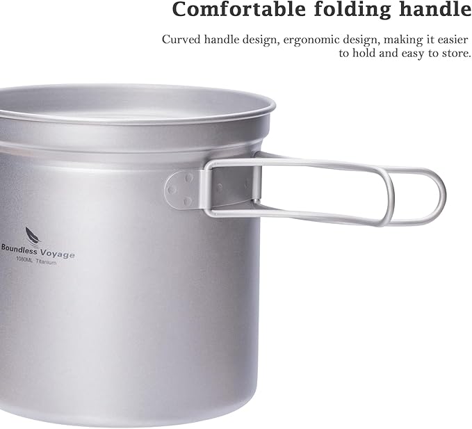 iBasingo Titanium Pot Pan Set with Folding Handle - Ultralight Portable Outdoor Cookware Mess Kit for Camping, Picnic, Travel & Backpacking (1080ml Soup Pot, 900ml Cup, 500ml Frying Pan)