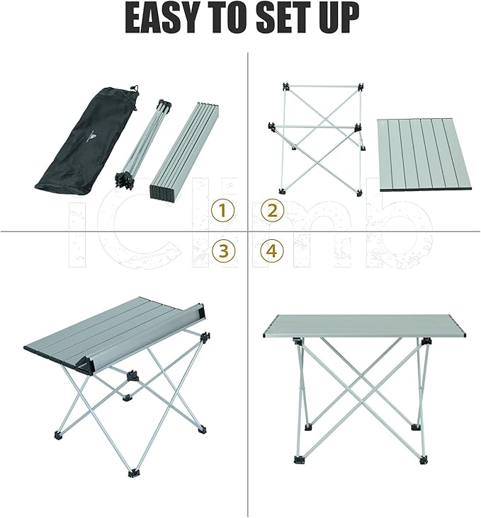 iClimb Ultralight Compact Camping Folding Table with Carry Bag (Silver - L)