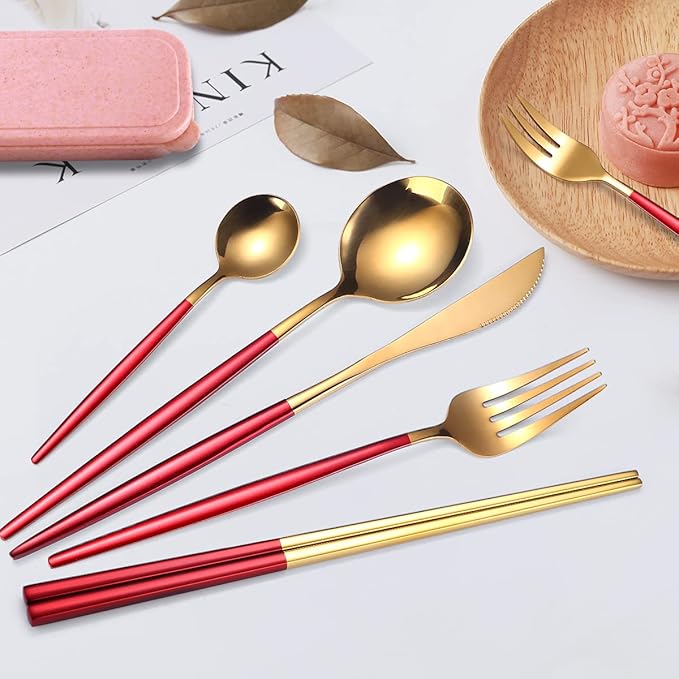 AARAINBOW 8 Pieces Stainless Steel Flatware Set Portable Reusable Cutlery Set Travel Utensils Set Including Chopsticks Knife Fork Spoon Straws Cleaning Brush Dishwasher Safe (Red Golden)