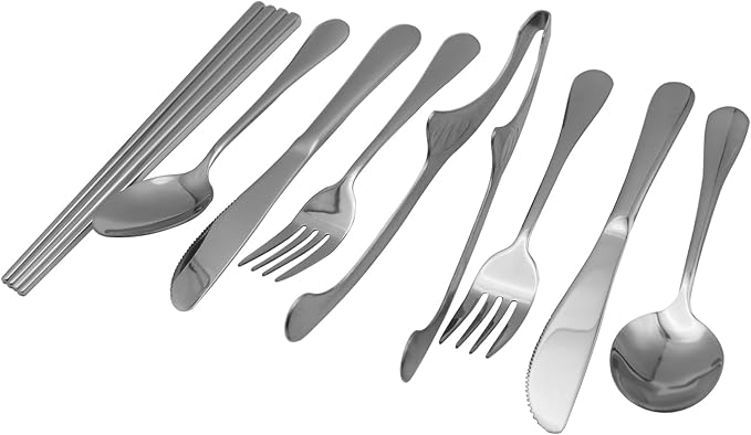 Stainless Steel Outdoor Camping Mess Kits - Includes Forks, Spoons, Knives, Chopsticks, Food Clip, Plates - Portable Cutlery Bag