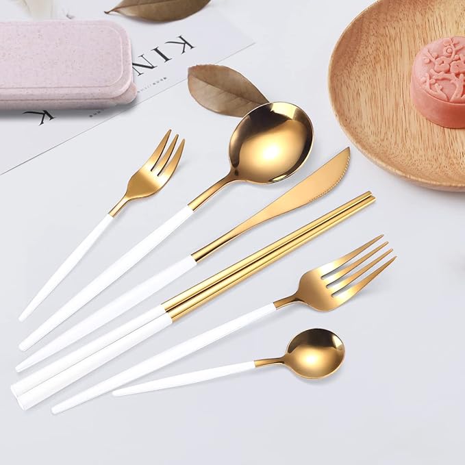 AARAINBOW 8 Pieces Stainless Steel Flatware Set Portable Reusable Cutlery Set Travel Utensils Set Including Chopsticks Knife Fork Spoon Straws Cleaning Brush Dishwasher Safe (White Golden)