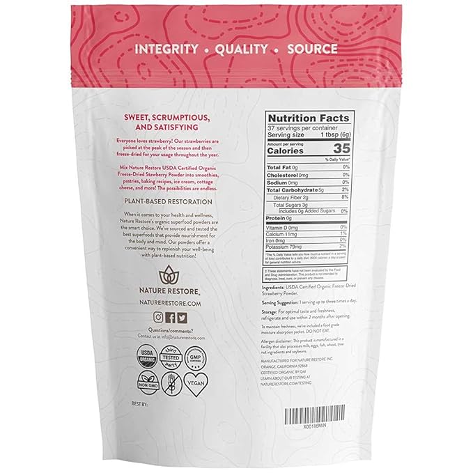 Nature Restore USDA Certified Organic Freeze Dried Strawberry Powder, 8 Ounces, Non GMO, Gluten Free, Vegan