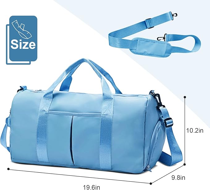 ZGWJ Sports Gym Bag with Wet Pocket & Shoes Compartment, Waterproof Shoulder Weekender Bag for Women and Men Swim Sports Travel Gym Bag Lightweight and easy Carry on Light Blue