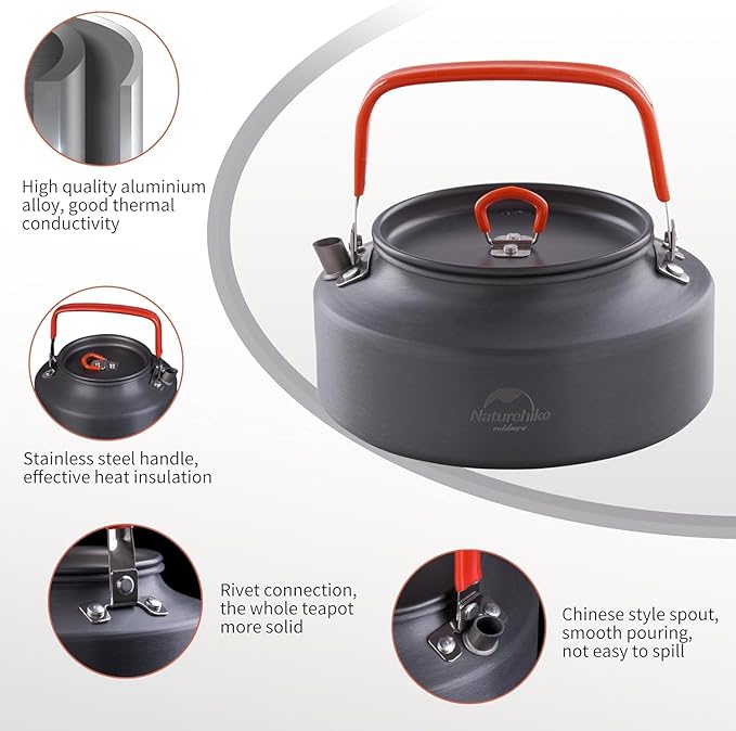 Naturehike 1.45L Camping Kettle Teapot Coffee Pot, Portable Aluminum Outdoor Kettle with Mouthpiece