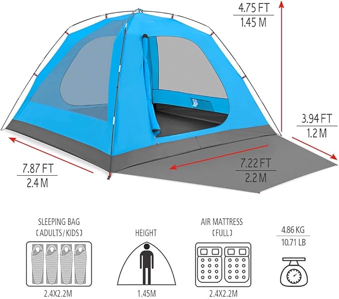 KAZOO 2/4 Person Camping Tent Outdoor Waterproof Family Large Tents 2/4 People Easy Setup Tent with Porch Double Layer