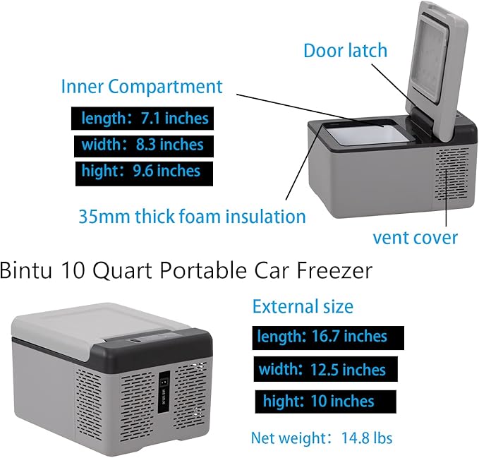 10 Quart Portable Car Fridge 12 Volt Mini Handy Freezer Refrigerator(-4℉-68℉) for Vehicle, Home,Outdoor-12/24V DC and 110-240V AC