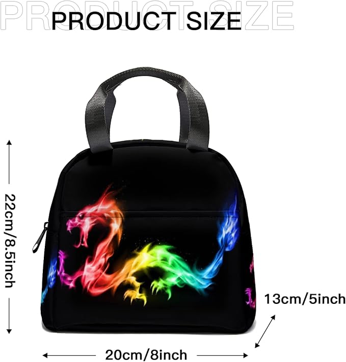 Giwawa Rainbow Dragon Insulated Lunch Bag Colorful Fire Animal Print Reusable Lunch Cooler Tote Box with Front Pocket & Zipper Closure for Kids Woman Man Work Picnic Travel
