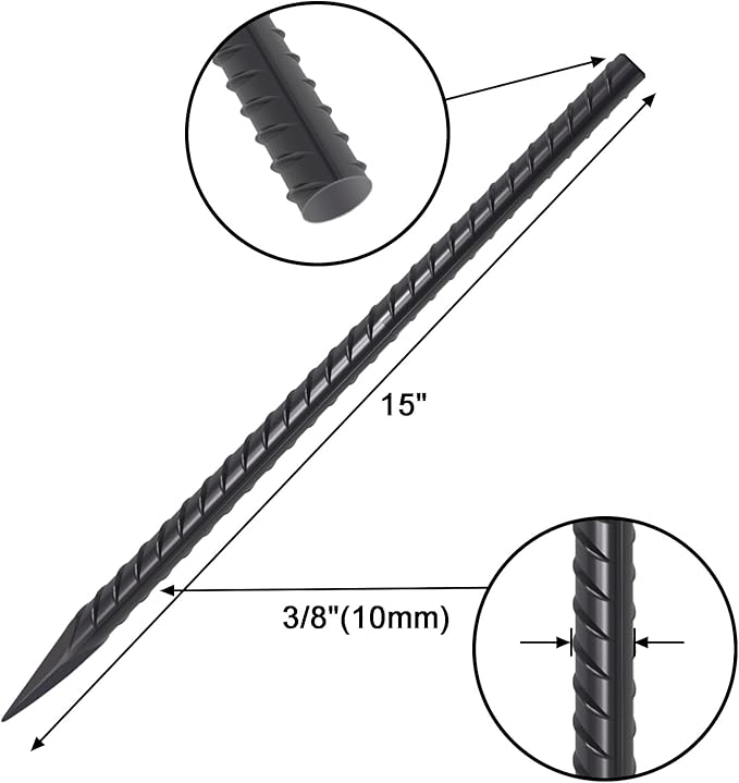 VVOKGO 15 Inch Rebar Stakes (16pcs) Ground Anchors Steel Plant Support Garden Stake Metal Straight Camping Spikes with Chisel Point End, Black