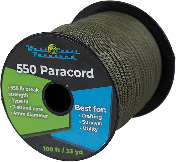 West Coast Paracord 100, 50 Feet 550 Lb. Paracord Parachute Rope Great for Outdoors Camping, Storage Kayak Utility Spool Many Colors