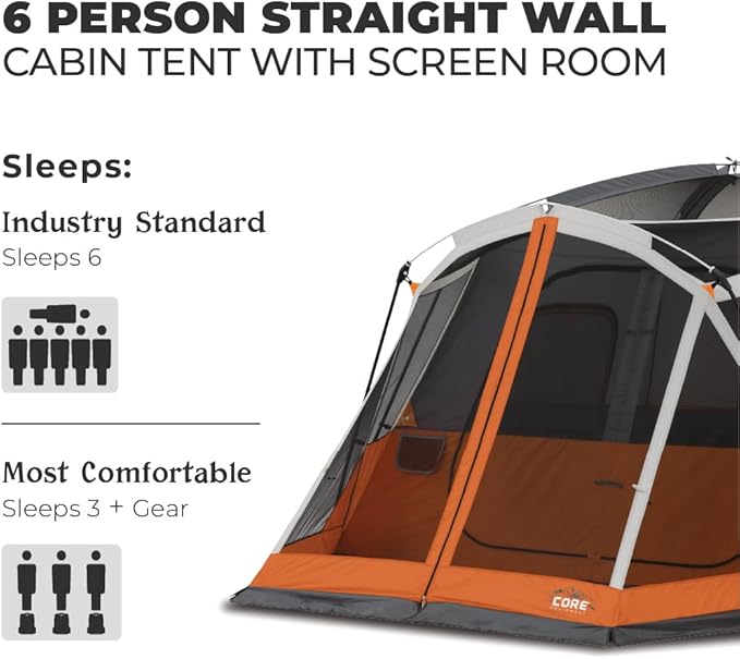 CORE Tent for Family Camping | 4 Person & 6 Person Portable Camp Tent with Carry Bag for Outdoor Car Camping | Included Gear Loft Organizer for Camp Accessories
