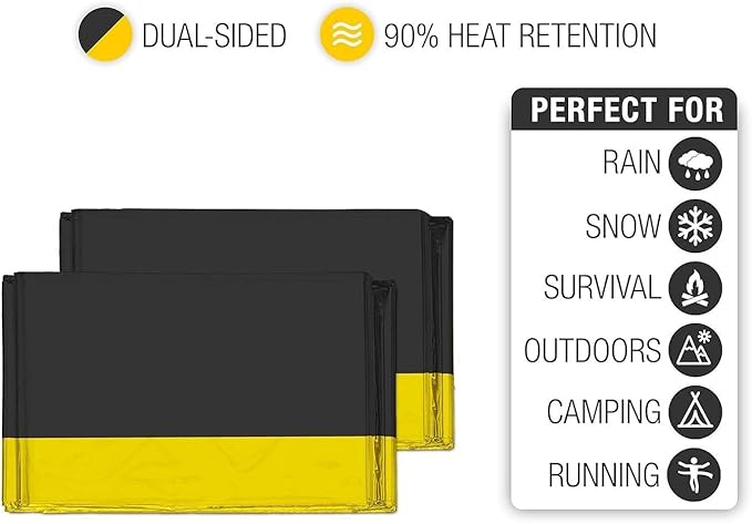 Swiss Safe 2 Pack Mylar Emergency Blankets for Survival - Compact & Insulated for Cold Weather - Designed for NASA, Outdoor, Running, Camping, Survival, First Aid Car Kit - Black & Gold, 2 Pack