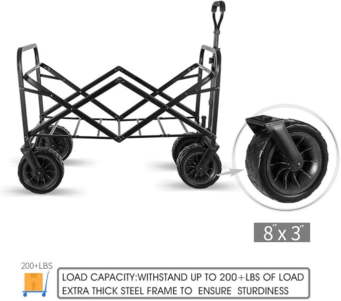 WHITSUNDAY Collapsible Folding Garden Outdoor Park Utility Wagon Picnic Camping Cart with Bearing and Brake 8" All Terrain Wheels with Push Bar (Ocean Blue)