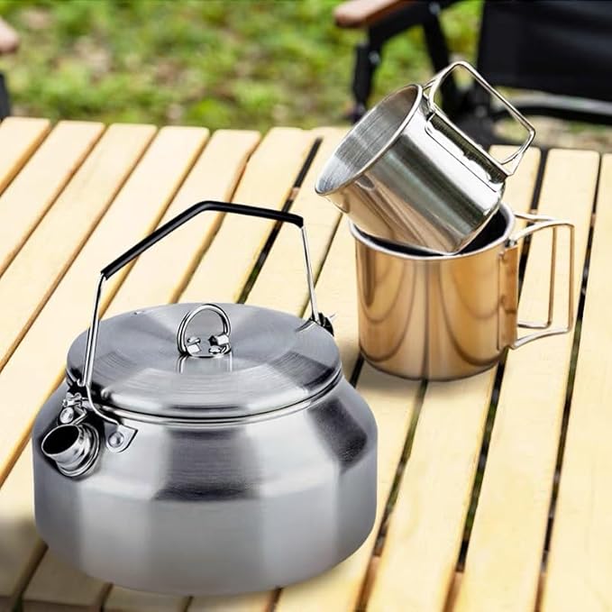 3PCS Camping Kettle Outdoor Campfire Camp Kettle Set with 2 Cups, 1L Stainless Steel camping tea kettle Coffee Pot, Portable Lightweight Teapot, Ideal for Hiking Picnic Travel, Silver