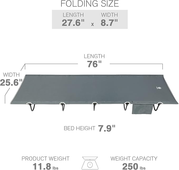 EVER ADVANCED Folding Camping Cot for Adults, Compact Sleeping Cots with Side Pocket, Portable Heavy Duty Foldable Camp Bed with Carry Bag for Outdoor, Travel, Grey