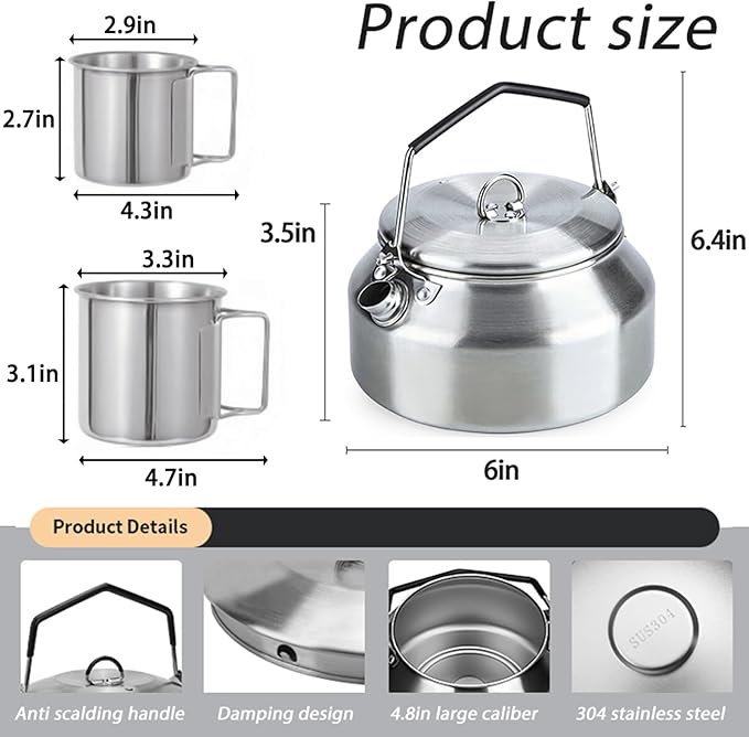 3PCS Camping Kettle Outdoor Campfire Camp Kettle Set with 2 Cups, 1L Stainless Steel camping tea kettle Coffee Pot, Portable Lightweight Teapot, Ideal for Hiking Picnic Travel, Silver