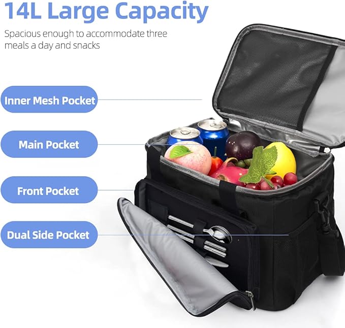 iknoe Insulated Thickened Lunch Bag for Women & Men, 14L Soft Coolers Leak Proof, Insulated Tote Bags with Zippered Top Great for Work,Picnic and Beach, Black 18-Can