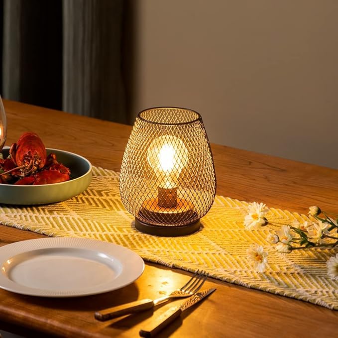 DECORKEY Set of 4 Battery Operated Lamp LED Table Lantern, Brown Metal Cage Cordless Lamps with LED Bulb,Vintage Decorative Outdoor Lantern for Weddings, Parties, Patio, Events for Indoors Shelf Decor