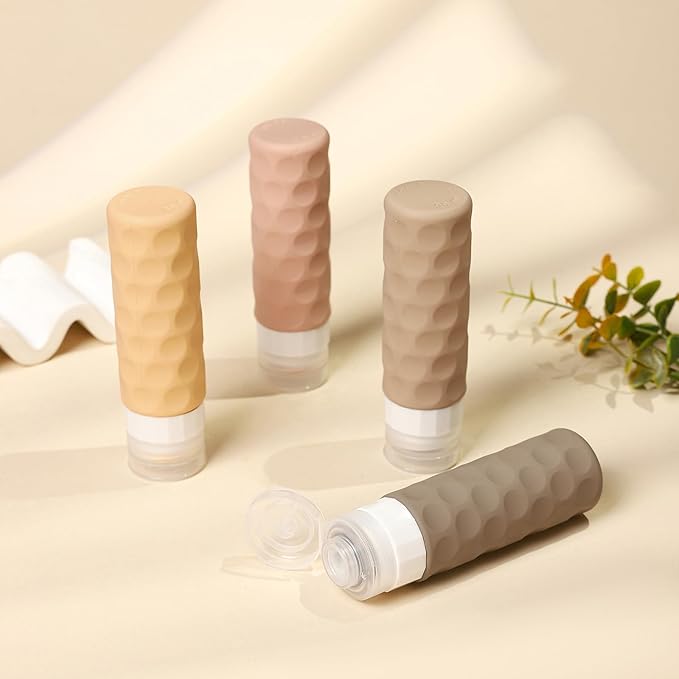 Travel Bottles for Toiletries, 4pcs Tsa Approved 3oz Travel Size Containers, BPA Free Leak Proof Premium Silicone Bottles, Refillable Liquid Squeezable Accessories W/Toiletry Bag(Apricot)