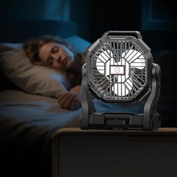 Battery Powered Fan Camping Rechargeable, Portable Outdoor Battery Operated Fan with 4 Light, 270° Pivot, and Hook