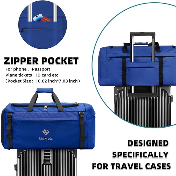 Eackrola Extra Large Sports Gym Bag, Travel Duffel bag with Wet Pocket & Shoes Compartment for men women, 85L, Lightweight (Blue)