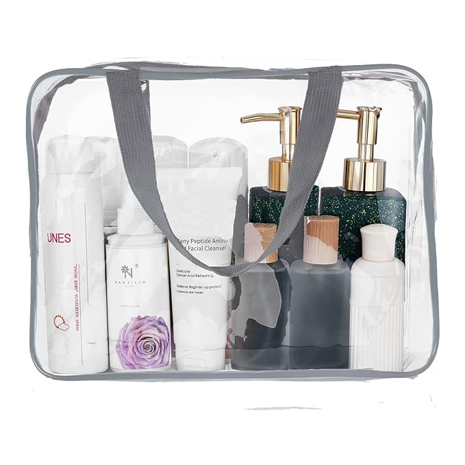 6Pcs Crystal Clear PVC Travel Toiletry Bag Kit for Women Men, Waterproof Vinyl Packing Organizer Storage Bags with Zipper Handle Straps, Cosmetic Pouch Carry on Airport Airline Compliant Bag Handbag
