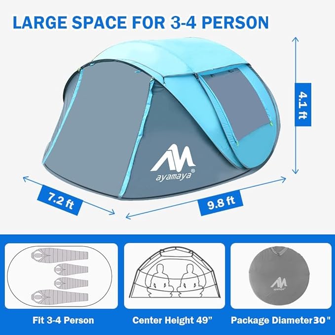 4 Person Pop Up Tents for Camping - AYAMAYA Waterproof Instant Family Tents with Skylight & Removable Rainfly, Upgraded Large Size with 2 Doors -Automatic Easy Setup Beach Tent with Poles