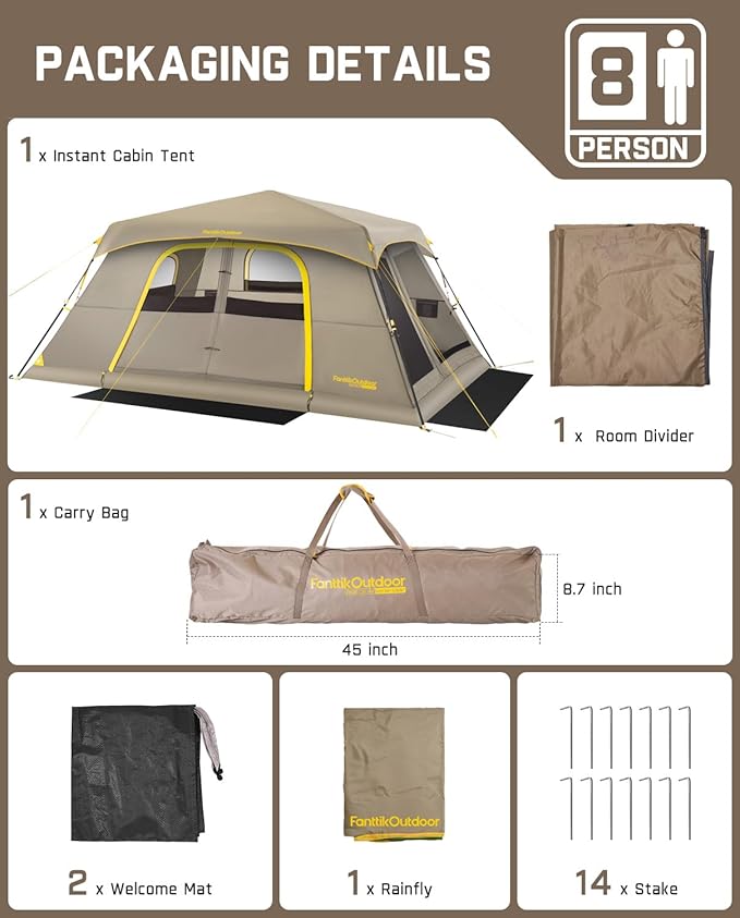 FanttikOutdoor Zeta C8 Air/C10 Air Camping Tent, Lightweight 10 Person Instant Cabin Tent Setup in 60s, 20% Lighter, Ultralight with Carry Bag for Family Camping & Hiking, Upgraded Ventilation