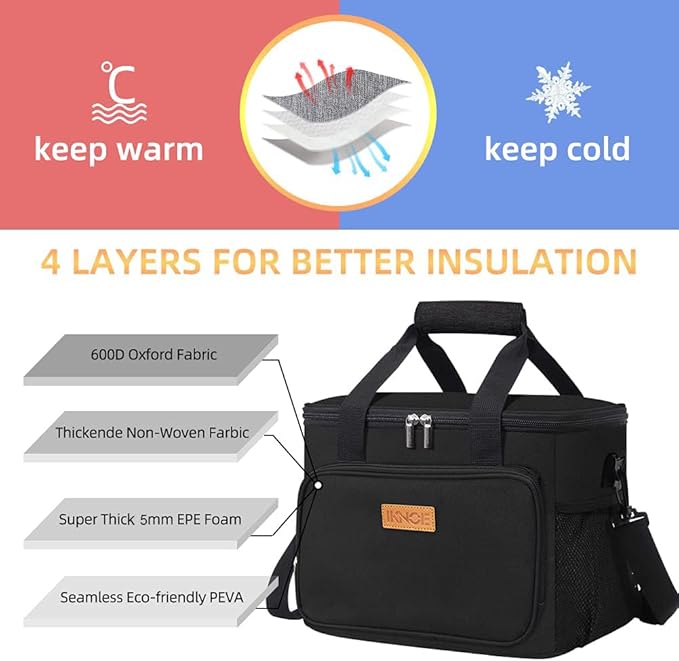 iknoe Insulated Thickened Lunch Bag for Women & Men, 14L Soft Coolers Leak Proof, Insulated Tote Bags with Zippered Top Great for Work,Picnic and Beach, Black 18-Can
