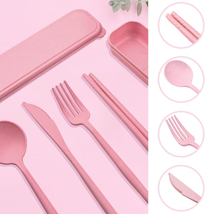 ELANE 4 Sets Reusable Travel Utensils Set with Case,Camping Cutlery Set Reusable Cutlery Set with Case,Utensil Sets for Lunch Picnic Daily Use Outdoor (pink)