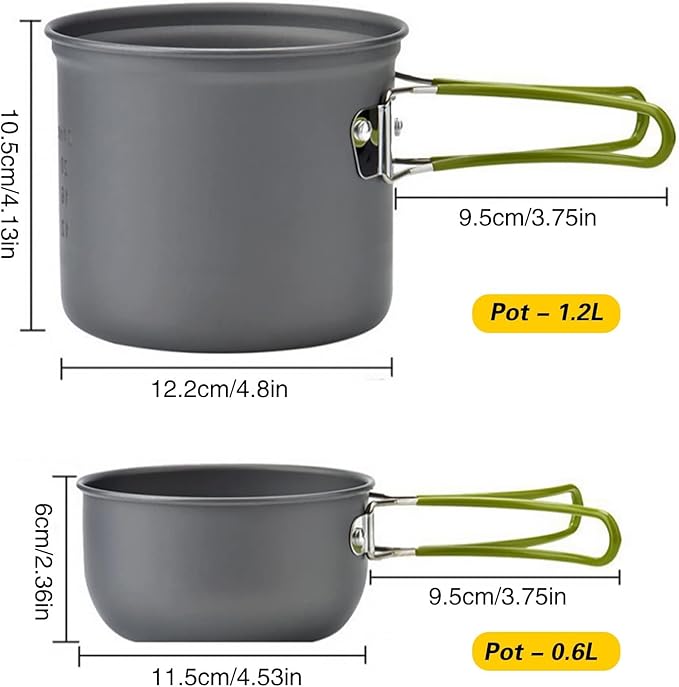 Camping Cookware Mess Kit Backpacking Pot Gear Camping Cooking Pots and Pans Set Camp Kitchen Equipment Accessories Green 4.88 x 6.57 inch