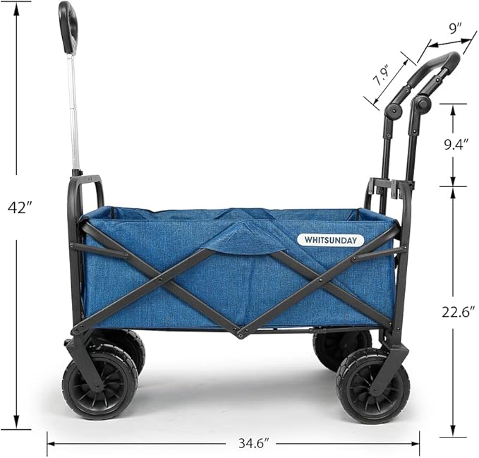 WHITSUNDAY Collapsible Folding Garden Outdoor Park Utility Wagon Picnic Camping Cart with Bearing and Brake 8" All Terrain Wheels with Push Bar (Ocean Blue)