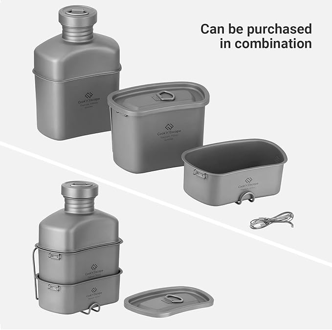 COOK'N'ESCAPE Titanium Camping Cooking Pot, Camping Cookware Set with Folding Handle,Compact Frying Pan Open Over Fire Cooking for Outdoor Backpacking Hiking Picnic
