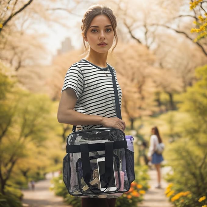 FlowFly Clear Bag for Stadium Events With Shoulder Strap for Women, Men, Large and Reusable Lunch Container, Work and Sporting Events, Travel 12x6x12 Clear Tote Bag, Clear#Black