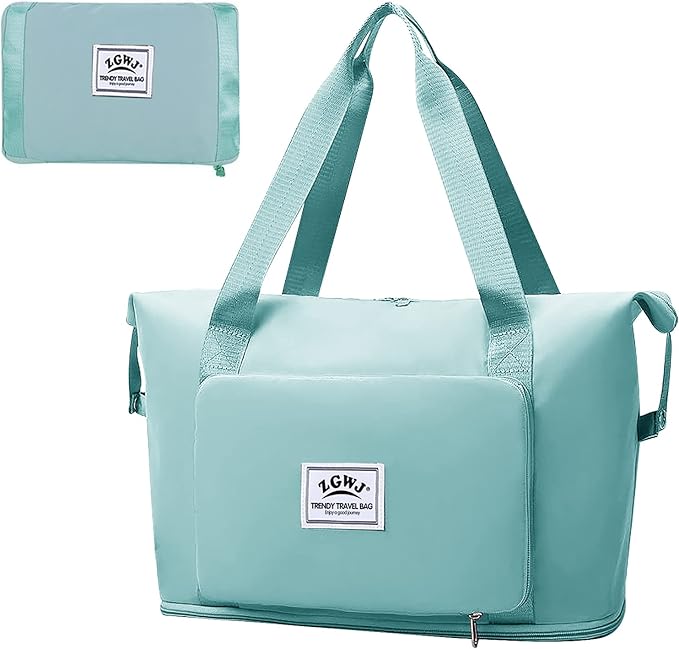 Expandable Travel Duffel Tote Bag - Foldable Overnight Weekender, Carry-On, Swim & Gym Bag - Fits Spirit Airlines Personal Item Size - Lightweight, Waterproof & Durable with Trolley Sleeve,Green