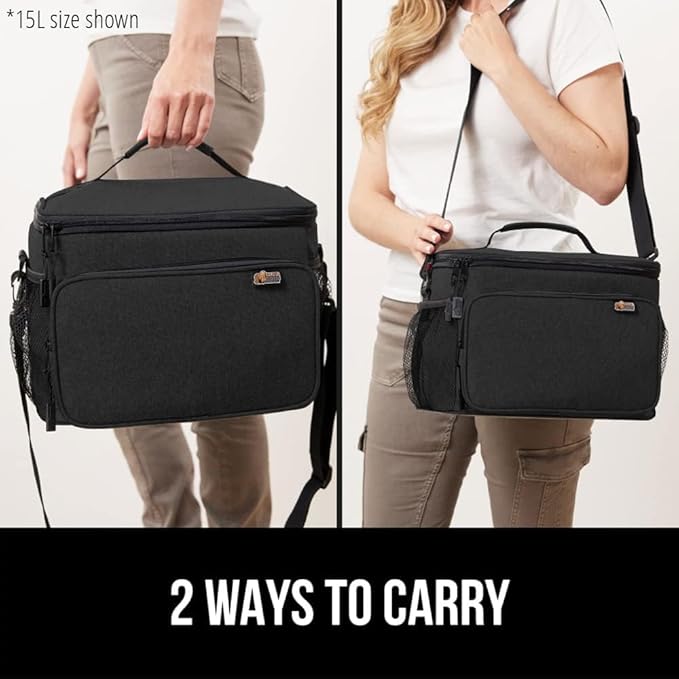 GORILLA GRIP Reusable Insulated Lunch Box Bag for Women Men, Large Leakproof Soft Cooler Bags, Multiple Compartments, Mesh Pockets, Adjustable Strap, Food Tote Keeps Drinks Cold, 8L, 10x9, Black