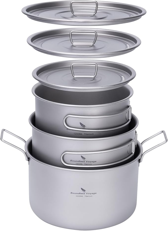 iBasingo 1.2L+1.8L+2.4L Titanium Pots Set with Lid Camping Cookware with Foldable Handle Portable Lightweight Cooking Kit Outdoor Kitchen Cooking Kit for Backpacking Hiking Picnic Fishing Ti2109C
