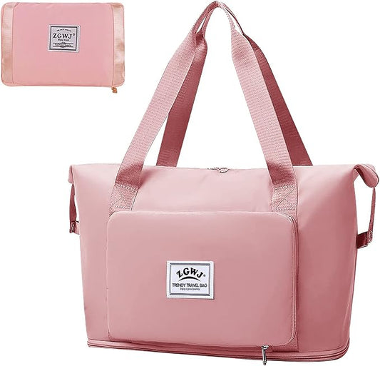Expandable Travel Duffel Tote Bag - Foldable Overnight Weekender, Carry-On, Swim & Gym Bag - Fits Spirit Airlines Personal Item Size - Lightweight, Waterproof & Durable with Trolley Sleeve, Light Pink