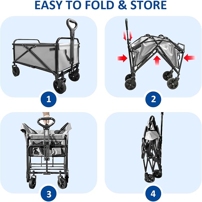 Collapsible Wagon Cart Foldable Portable Heavy Duty Folding Beach Wagons, Outdoor Utility Carts with Large Capacity for Grocery, Camping, Shopping, Fishing, Sports, Garden Gray