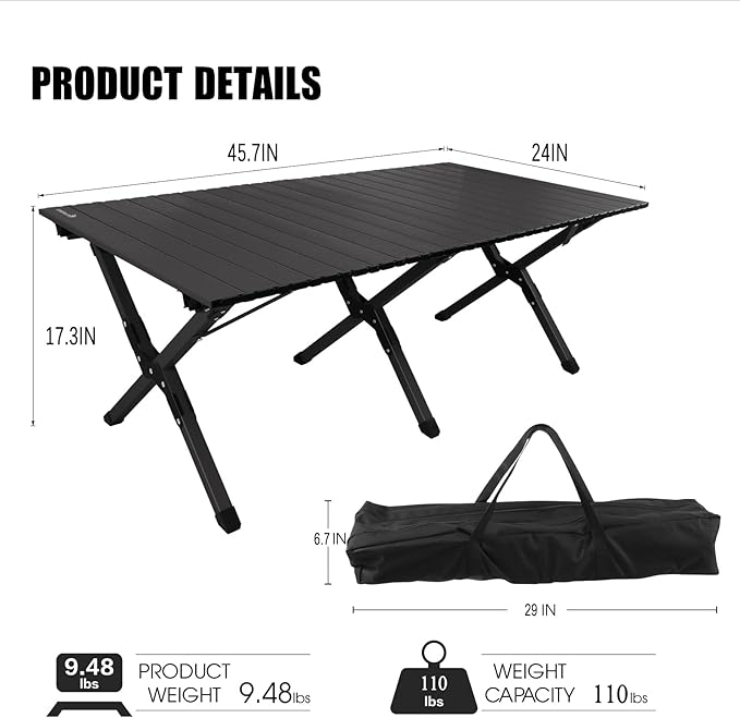 Folding Camping Table, Lightweight Roll-Up Table Aluminum Low Portable Picnic Table with Easy Carrying Bag for Outdoor, Beach, Picnic, Backyards, BBQ and Party, 45.7"L x 24"W x 17.3"H