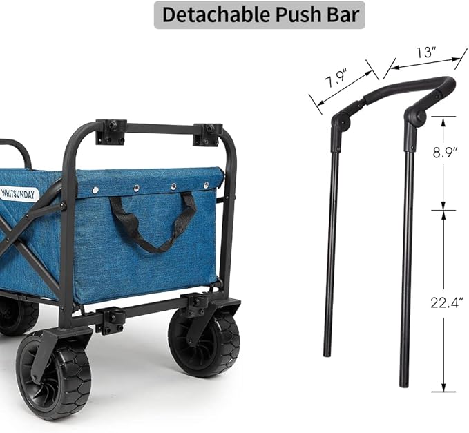 WHITSUNDAY Collapsible Folding Garden Outdoor Park Utility Wagon Picnic Camping Cart with Bearing and Brake 8" All Terrain Wheels with Push Bar (Ocean Blue)
