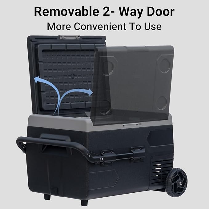 12Volt Car Refrigerator, 50L Portable Freezer/Fridge, DC 12V/24V Camping Cooler with wheels, -4℉~68℉, Basket, Compact Refrigerator for Outdoor, RV, Boat, Travel, Multi-directional Lid, Black