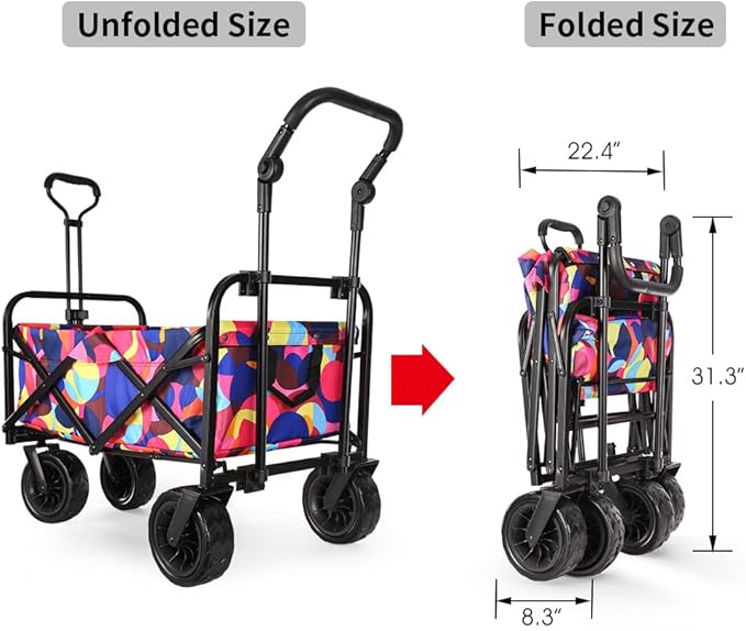 WHITSUNDAY Collapsible Folding Garden Outdoor Park Utility Wagon Picnic Camping Cart with Bearing and Brake 8" All Terrain Wheels with Push Bar (Bubble)
