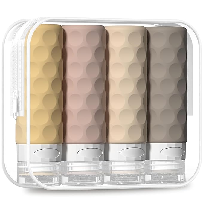 Travel Bottles for Toiletries, 4pcs Tsa Approved 3oz Travel Size Containers, BPA Free Leak Proof Premium Silicone Bottles, Refillable Liquid Squeezable Accessories W/Toiletry Bag(Apricot)