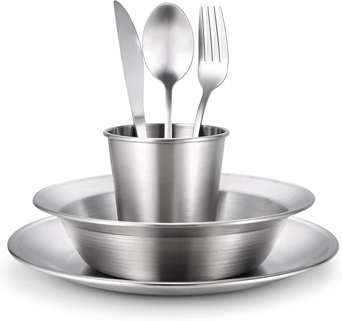 Odoland Camping Complete Messware Kit, Polished Stainless Steel Camp Dinnerware, Camping Cooking Tableware, Cutlery Organizer Utensil with Plates and Bowls Set for Backpacking, Hiking, Picnic