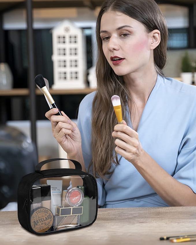 Moyad TSA Approved Clear Toiletry Bag with Handle, 1 Pack Quart Size 3-1-1 Liquids Pouch for Travel, Transparent Makeup & Cosmetic Organizer for Women Men, Black