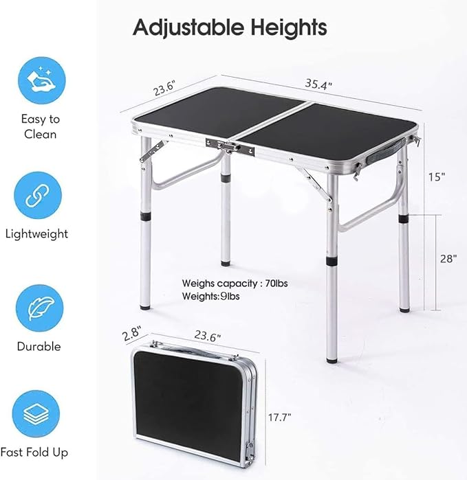 Folding Camping Table, 36''L x24''W Camp Aluminum Table with Adjustable Height Legs, Indoor Outdoor Lightweight Portable Folding Dining Table for Camp Picnic Beach 3Ft black 2 Heights 15"/28")