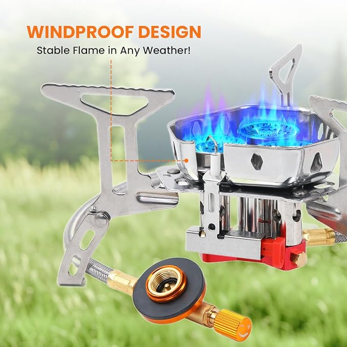 Portable Propane Camping Stove for Outdoor - GEEKHOM 6800W Windproof Gas Stove with Piezo Ignition; 2-Fuel Butane Propane Backpacking Stove for Hiking & Picnics; Tripod Base & Adapter