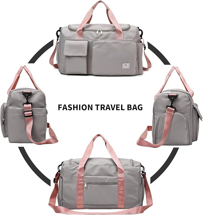 Travel Duffel Tote Bag with Dry Wet Separation Pocket, Weekender Bag for Women and Men,Waterproof Bag with Shoe Compartment Lightweight and Easy Carry on Grey