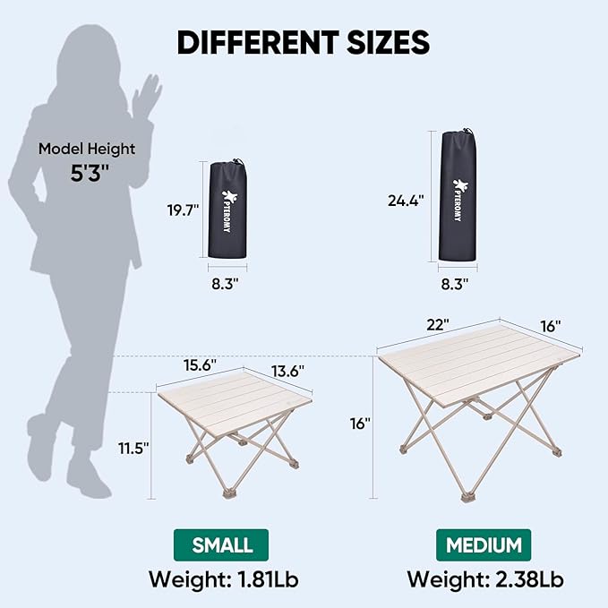 PTEROMY Folding Camping Table, Portable Beach Table with Ultralight Aluminum Tabletop for Travel, Outdoor, Camping, Picnics, and BBQs (Medium, Beige)